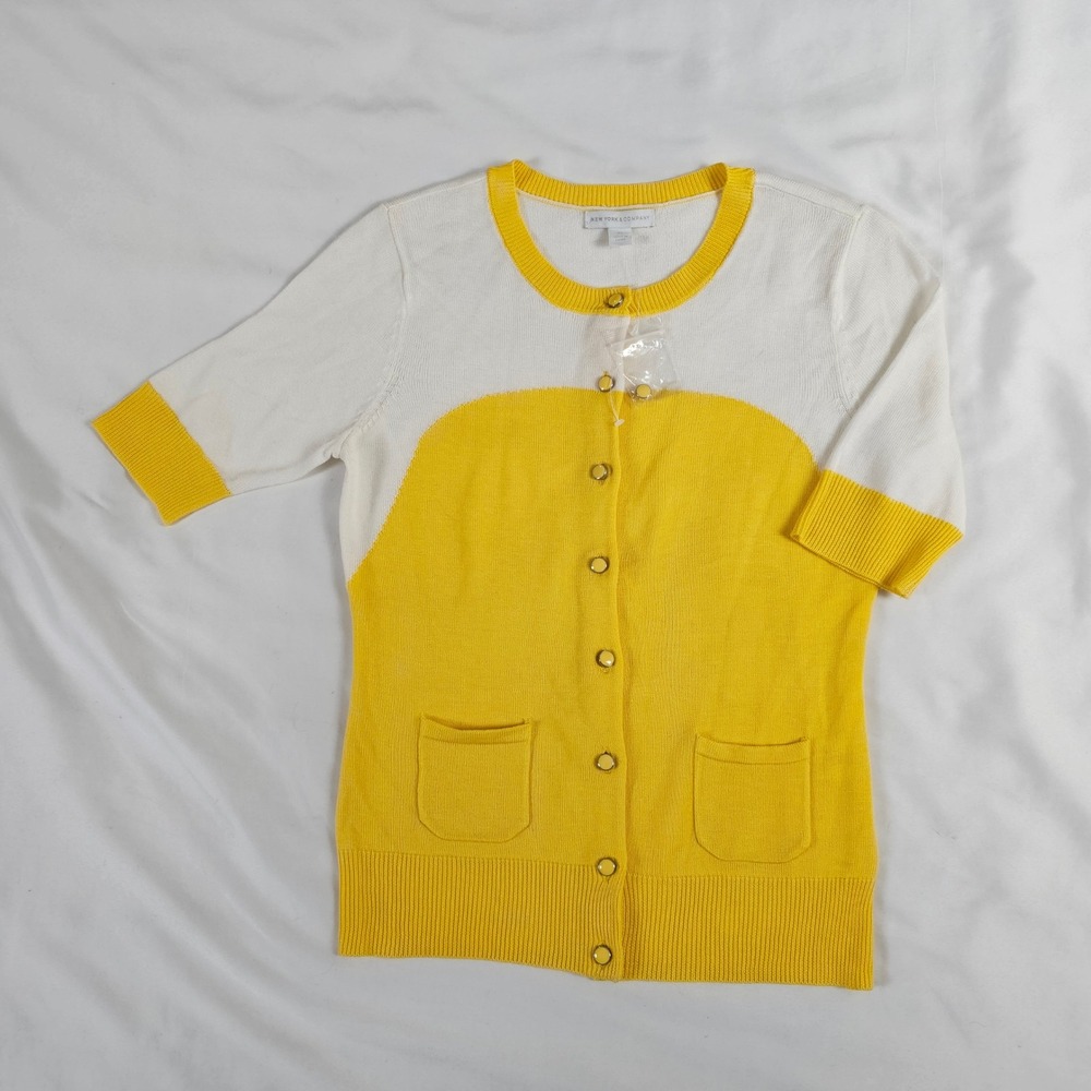 New York & Co Womens‎ XS Yellow White Colorblock Short Sleeve Cardigan Sweater